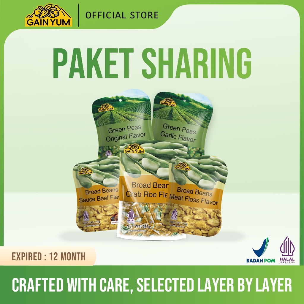 

[ PAKET SHARING ] Gain Yum - All Varian Kacang Koro (CRAB ROE 285G, SAPI 75G, ABON SAPI 75G) dan Kacang Polong (ORI & GARLIC 75G)