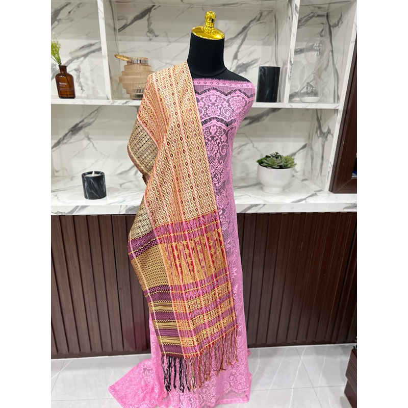 Tumtuman Mangiring Pengantin Kristal Pink Gold Songket Batak