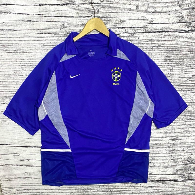Jersey kaos bola vintage retro brasil away 2002 biru second bekas