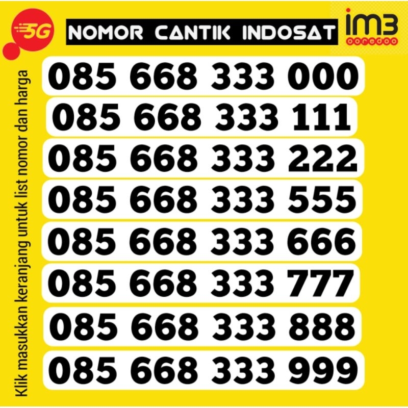 NOMOR CANTIK INDOSAT IM3 DOUBLE TRIPLE 333000 333888 333999 333 111 222 444 555 666 777 888 999