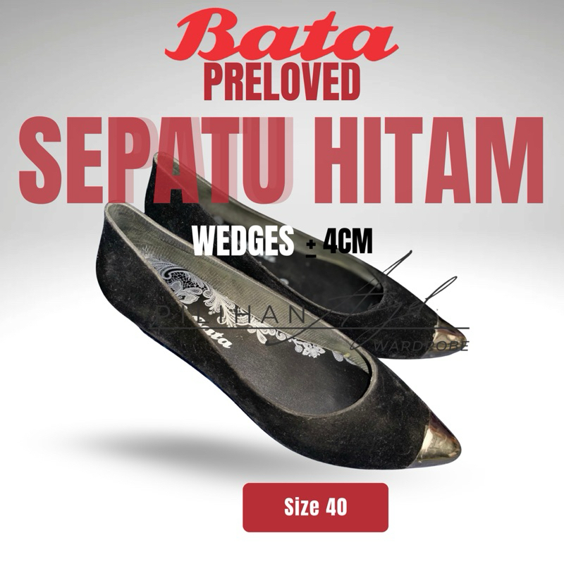 Preloved - BATA - SZ 40 - SEPATU HITAM BLUDRU WEDGES tinggi 4cm KERJA MAGANG TES CPNS TES BUMN INTER