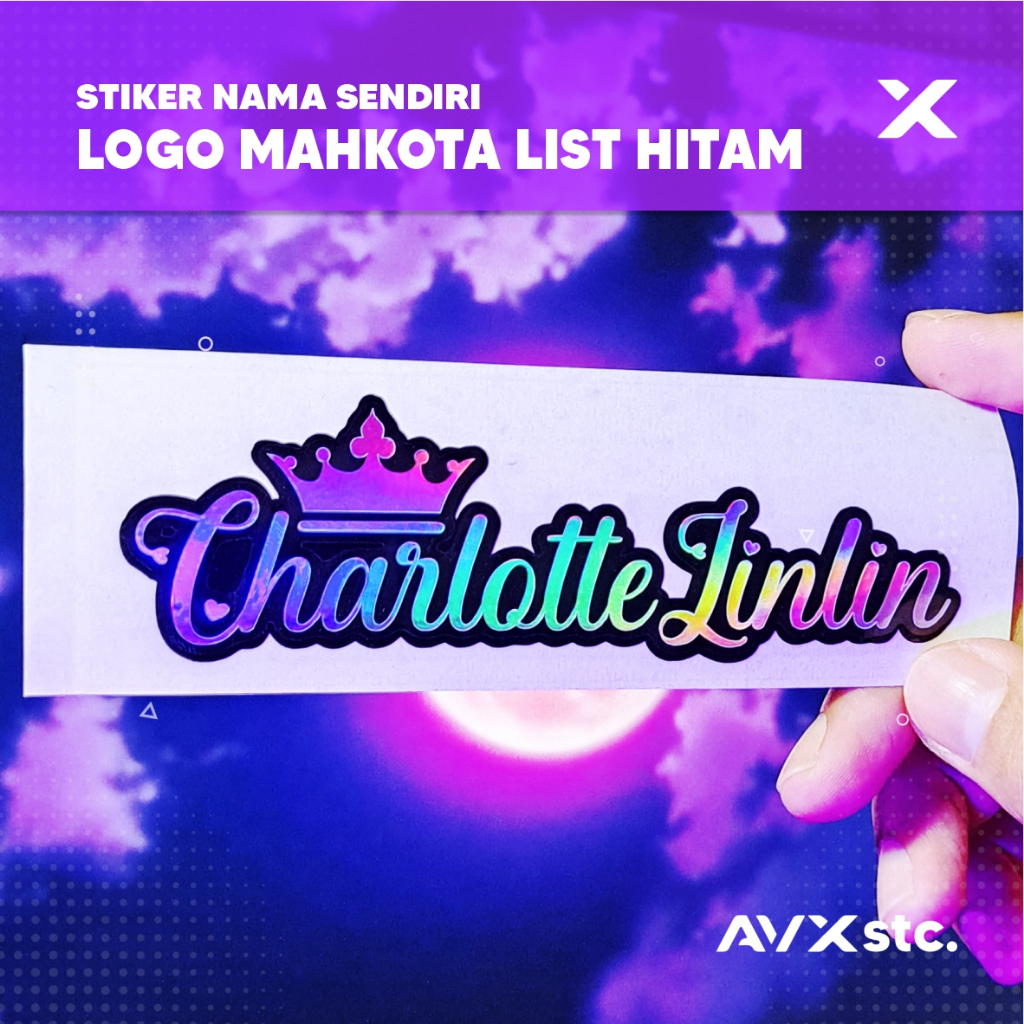 

Stiker Nama Sendiri Logo Mahkota, dll. Hologram Outline Hitam Custom Cutting Sticker Timbul Anti Air