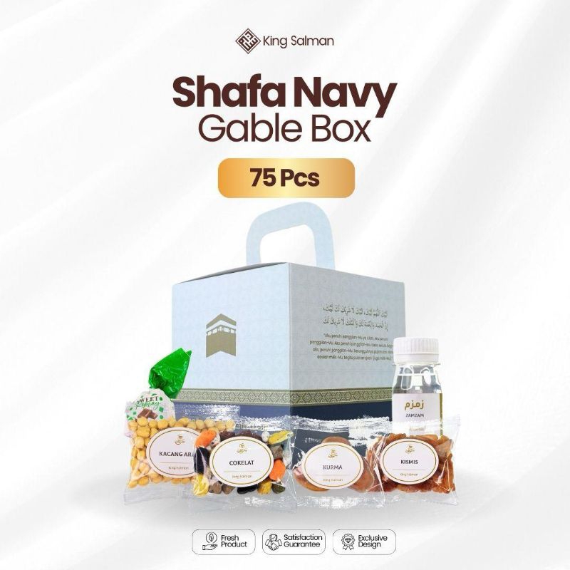

Paket Hadiah Umroh & Haji Premium - King Salman Deluxe Gift | SHAFA NAVY 75 PCS Gable Box