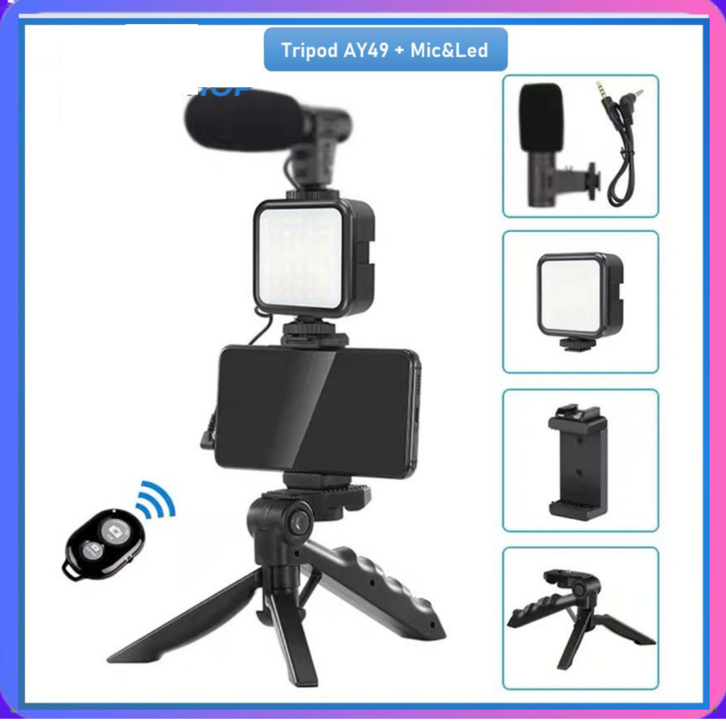Vlogging Video Making Kit  Mikrofon + Lampu Led / Vlogging Kit / Tripod Vlog Video Remote