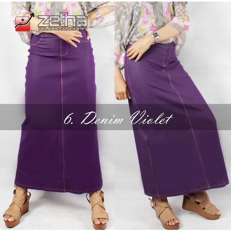 Rok Zetha Panjang Wanita Warna Denim Violet | Rok Kerja Kantor | Rok Denim | Rok Model A - Line | Ro