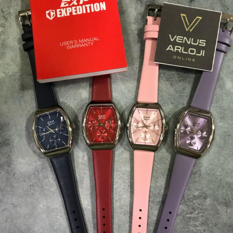 Jam Expedition SE 6863 BF LSS Wanita Silver Kulit Biru Merah Pink Ungu Segi