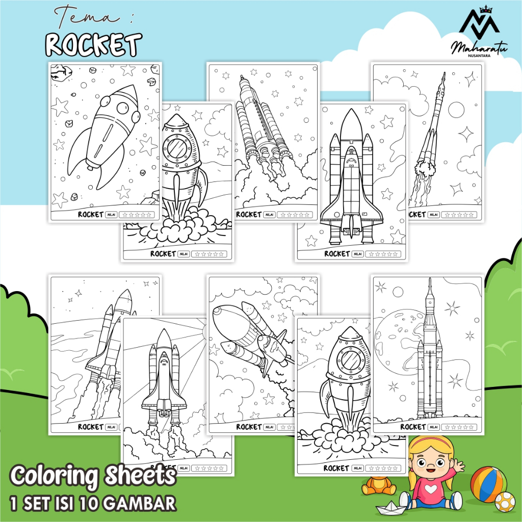 

[TEMA ROCKET] KERTAS GAMBAR UNTUK ANAK - LEMBAR MEWARNAI ANAK 1 SET ISI 10 LEMBAR GAMBAR - COLORING SHEETS FOR KIDS