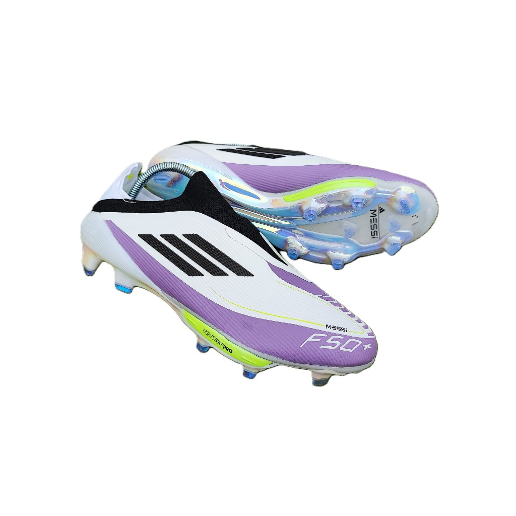 Sepatu Bola Adidas F50+ laceless tanpa tali Messi FG - Ftwr White Core Black Unity Purple