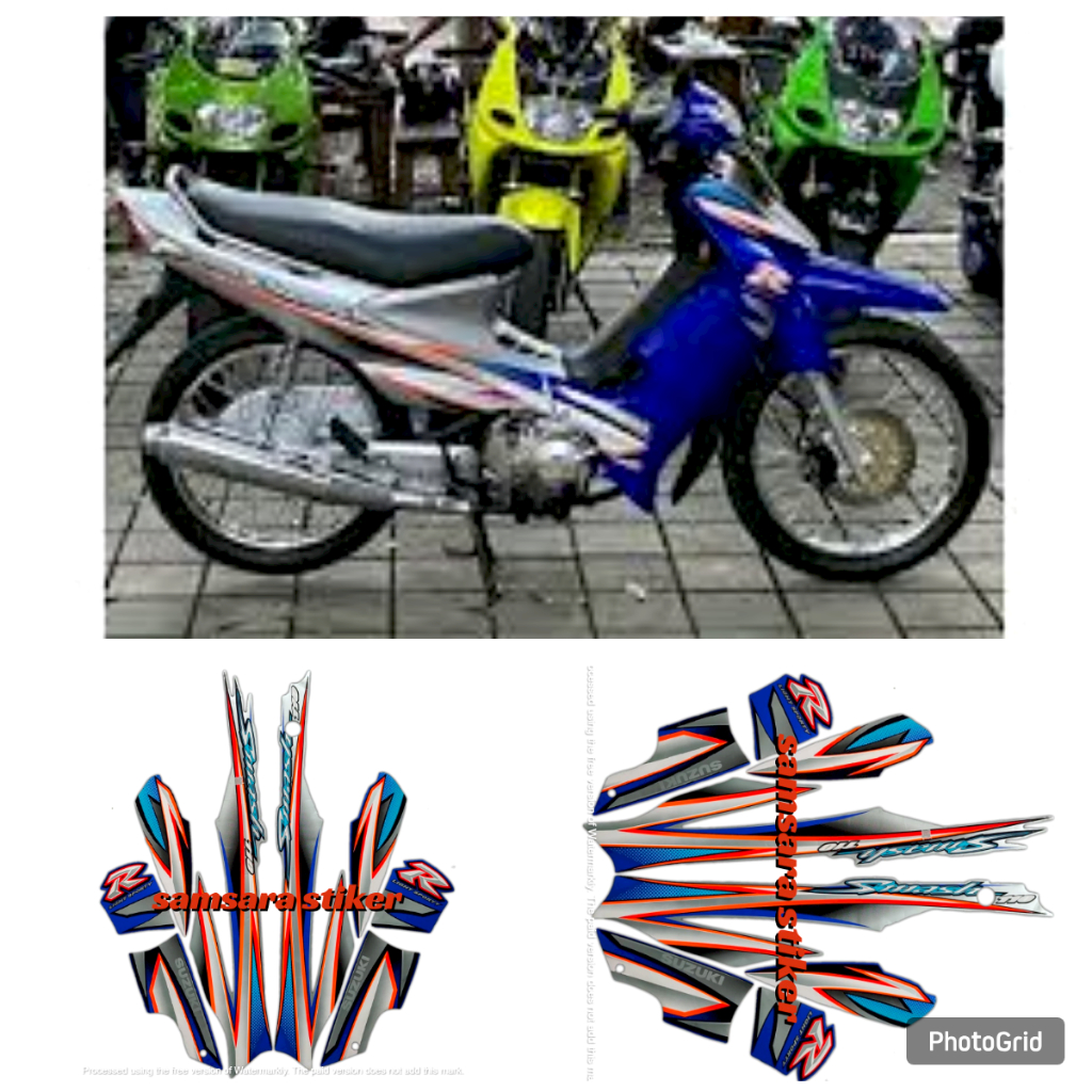 Stiker Striping Motor Suzuki smash 110r 2005 silver-biru