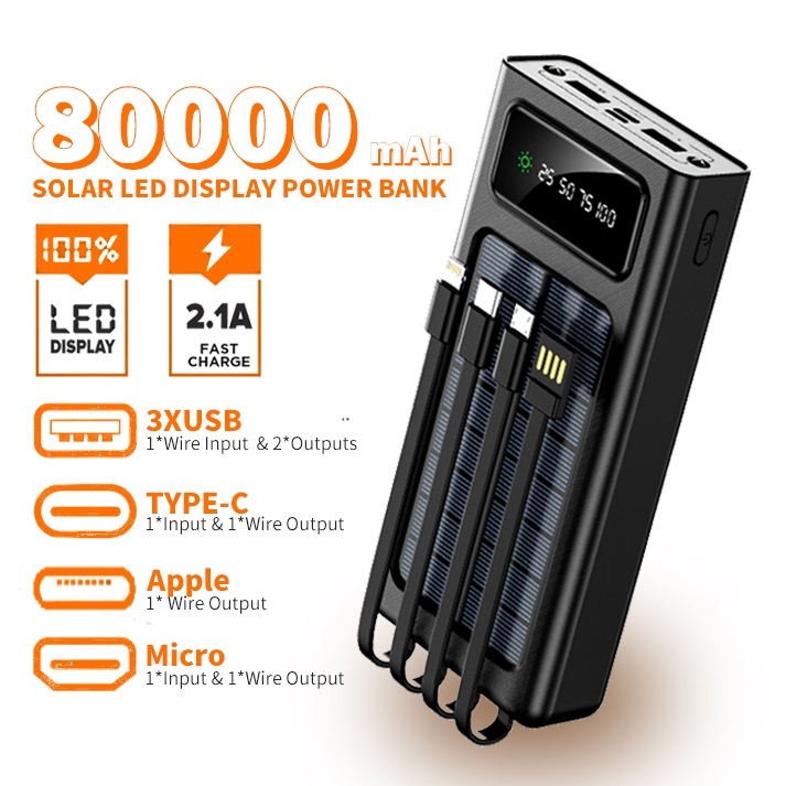 Solar Powerbank 80000mAh original power bank Built-in cables Powerbank fast charging murah Solar bat
