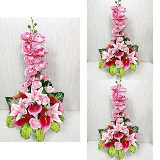 Bunga Meja Sudut Anggrek Pink Kain Lily Latex Pink Pot Bulat Artificial