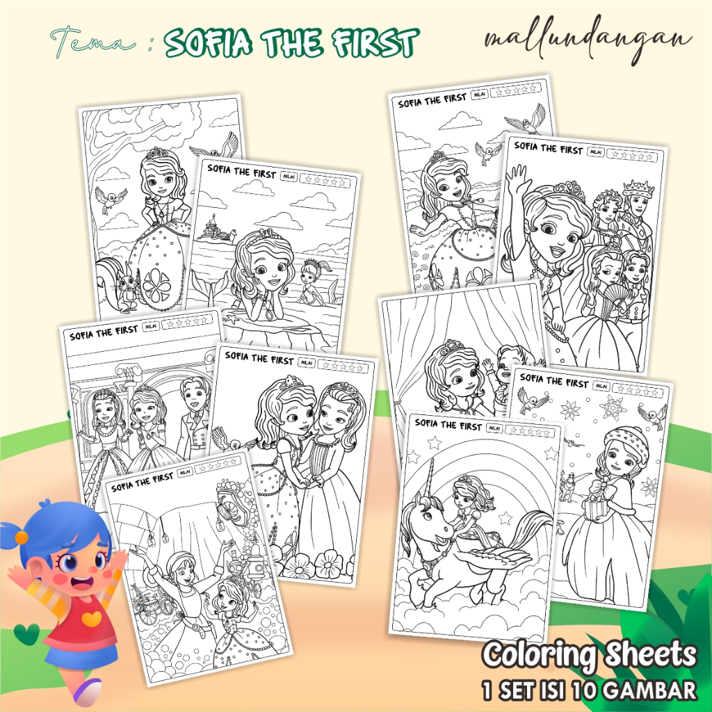 

LEMBARAN MEWARNAI ANAK A4 - KERTAS GAMBAR UNTUK ANAK TEMA SOFIA THE FIRST - PAPER COLORING SHEETS FOR KIDS