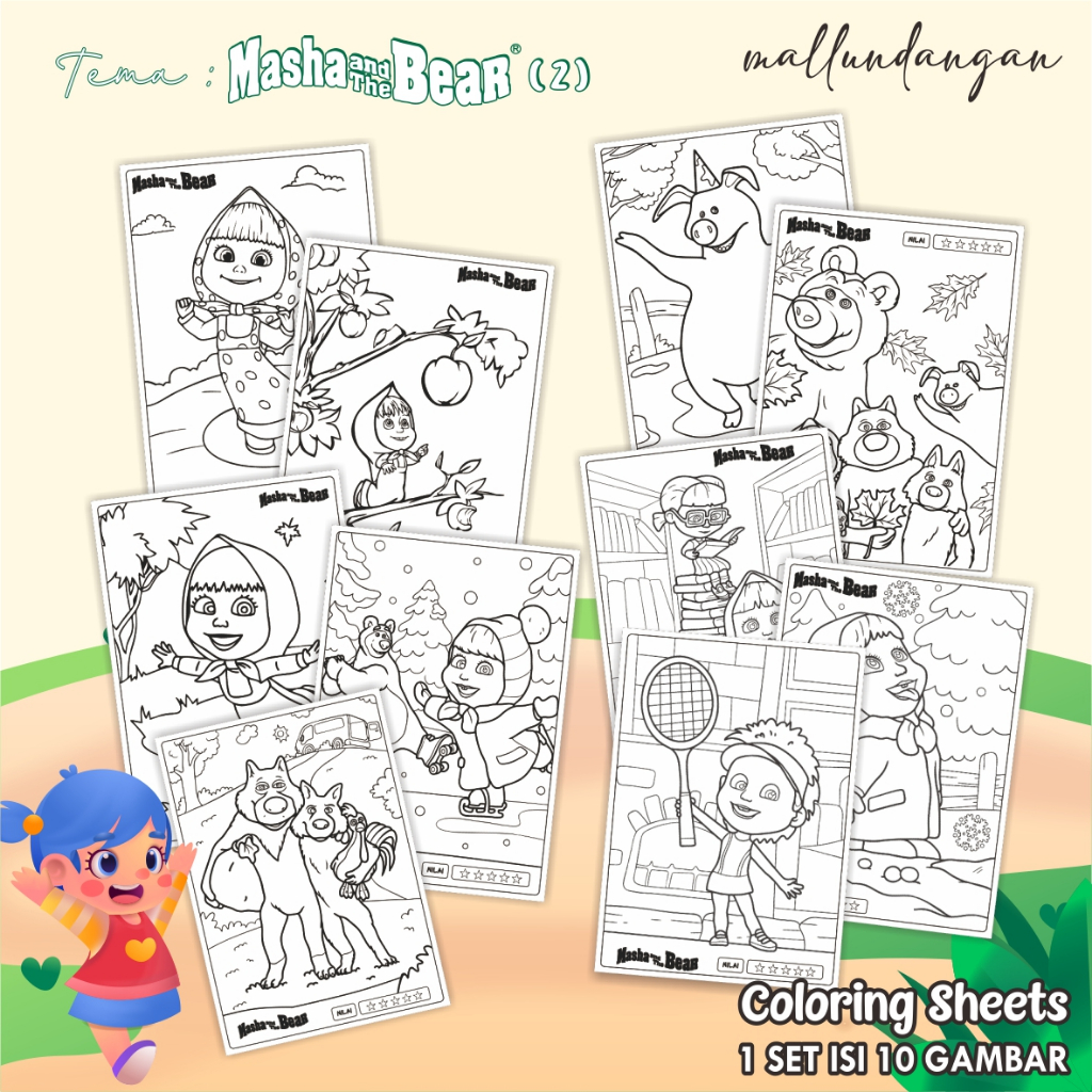 

LEMBARAN MEWARNAI ANAK A4 - KERTAS GAMBAR UNTUK ANAK TEMA MASHA AND THE BEAR 2 - PAPER COLORING SHEETS FOR KIDS