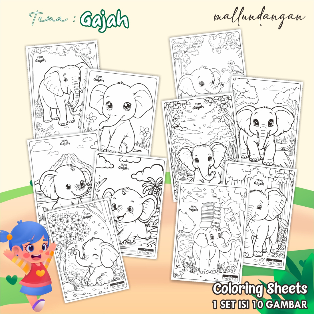 

LEMBARAN MEWARNAI ANAK A4 - KERTAS GAMBAR UNTUK ANAK TEMA GAJAH - PAPER COLORING SHEETS FOR KIDS