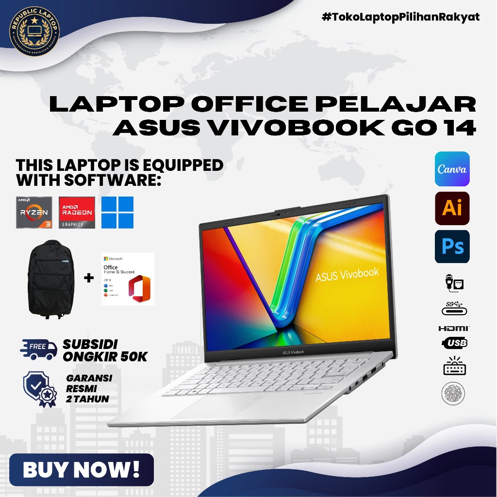 Laptop ASUS Go 14 Ryzen 7000 Series | RAM 8GB SSD 256GB | Ringan & Powerful