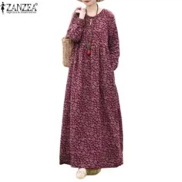 ZANZEA Wanita Lengan Panjang Motif Bunga Vintage Leher Kru Katun Maxi Dress