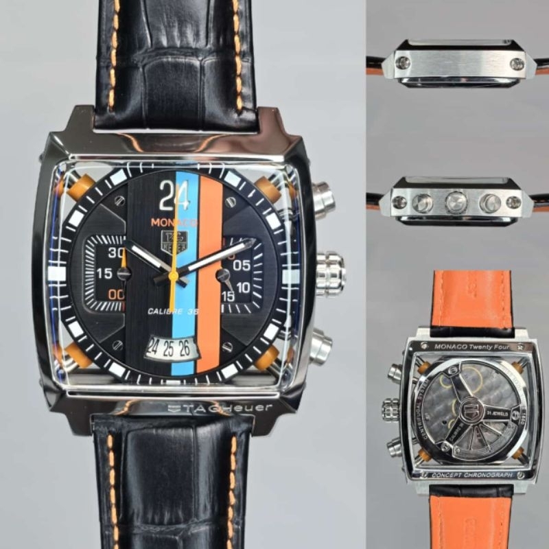JAM TANGAN PRIA TAG HEUER MONACO CALIBRE 36 LEATHER JAPAN QUARTZ DIAMETER 44MM SUPER QUALITY
