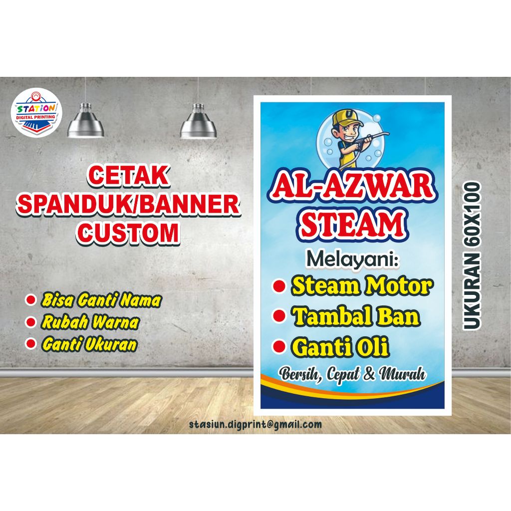 CETAK SPANDUK CUCI MOTOR/STEAM MOTOR CUSTOM FREE DESAIN