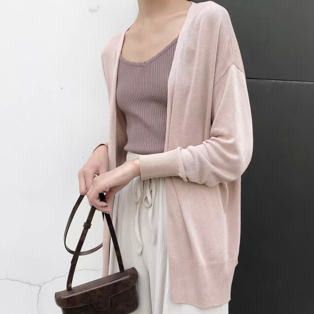 Pink merajut wanita berjaket Tabir surya tipis wanita baju atasan oversize polos cardigan lengan pan