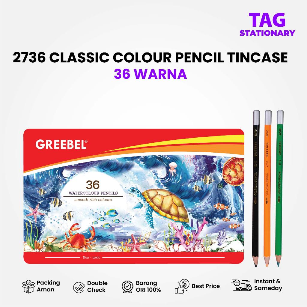 

GREEBEL Pensil Warna / Isi 36 Warna / 2736 WATER COLOUR PENCIL TIN CASE / Timur Agung Grosir