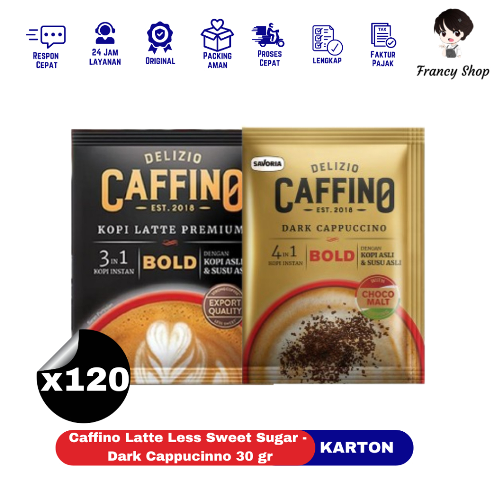 

Paket Murah Caffino Bold Kopi Latte Less Sugar Sweet / Dark Cappucino Kopi Instan Renceng 30 gr x120 Pcs
