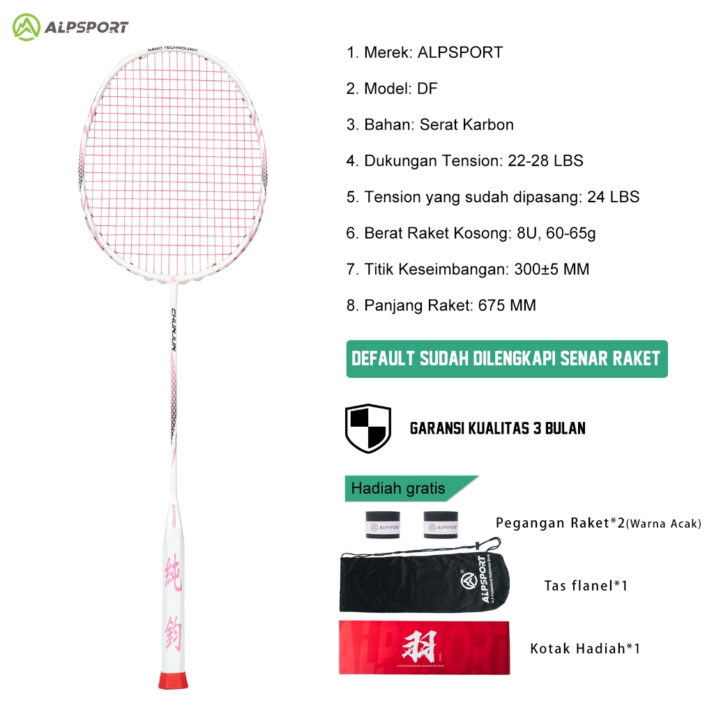 ALPSPORT DF 8U Max 30LBS Raket Bulutangkis Pink Yang Dirancang Untuk Wanita Putih Racket Strung T110