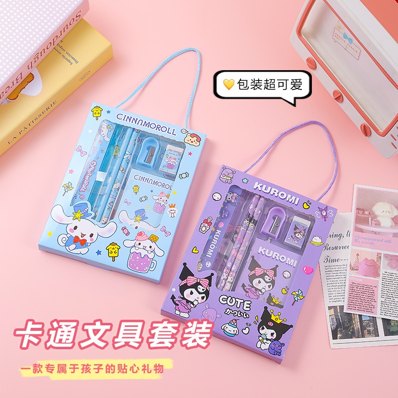 

Gift set Atk 6 in 1 cartoon cute sanlio Pensil penggaris penghapus rautan notes free tas tenteng pvc