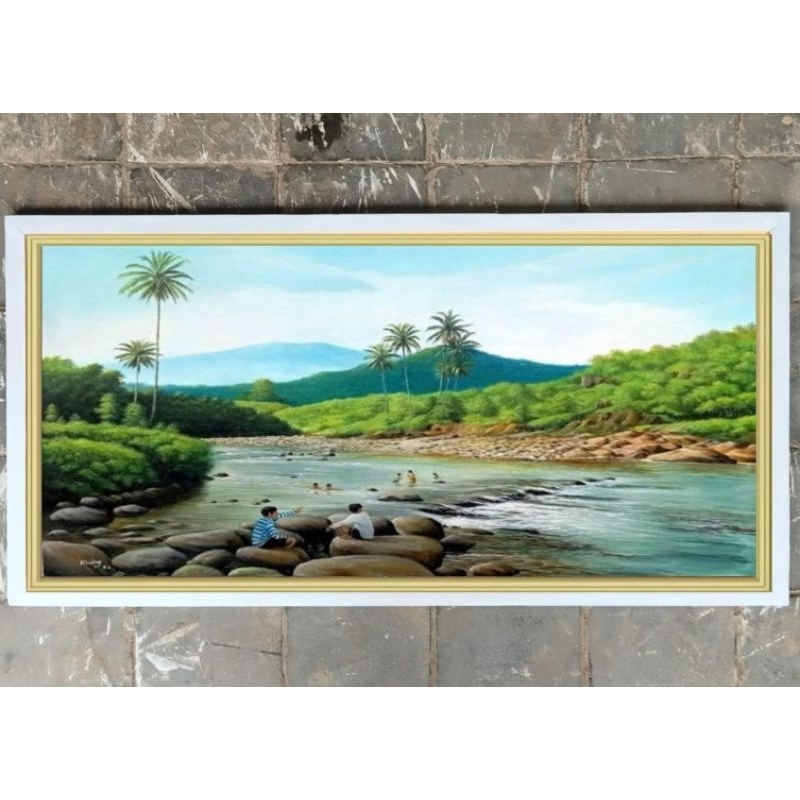 lukisan cetak digital printing pemandangan alam sungai gunung plus figura ukuran 105*55