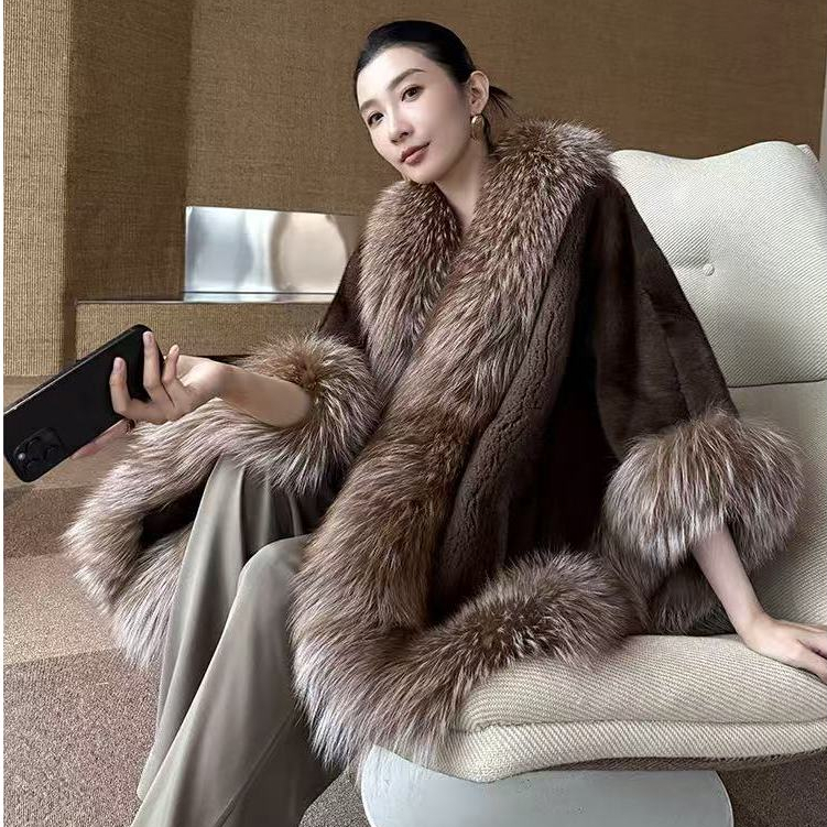 Mantel bulu beludru wanita kaya, mantel selendang bulu rubah, bulu cerpelai