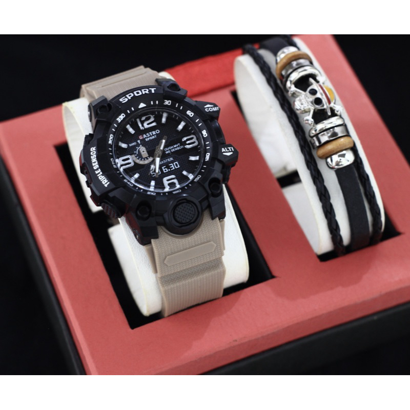 Promo Free Gelang  Jam Tangan Pria Gastro Sport Analog Tali Rubber