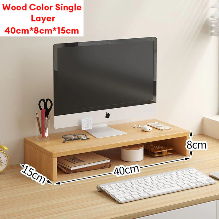 Stand Monitor Kayu Minimalis - Rak Desktop Organizer - Dudukan Komputer & Rak Buku - Meja Kerja Mode