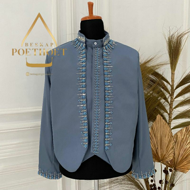 beskap Jawa Solo hewes krowok pengantin pria payet biru denim blue bahan matte premium