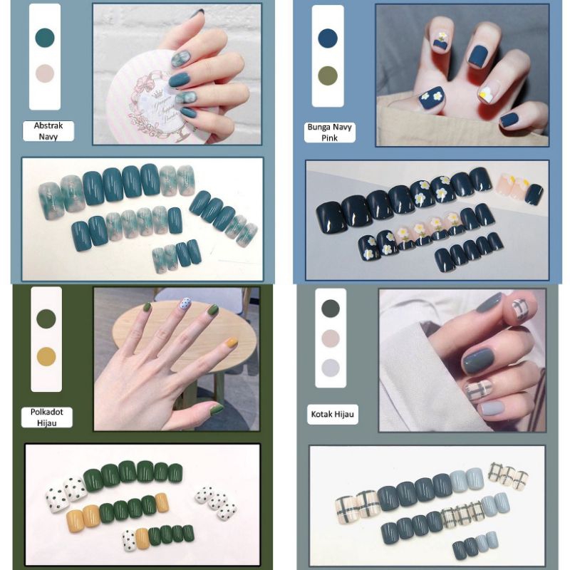 ( diolyn.id ) SET 24 PCS KUKU PALSU + LEM Warna BIRU Motif Abstrak Garis kotak Bunga Polkadot Fake n