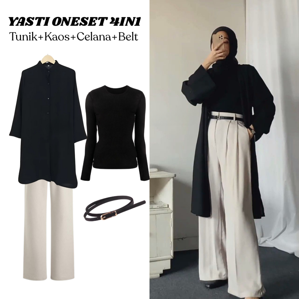 oneset 4in1 kemeja tunik hitam polos kaos rib polos celana kulot highwaist belt hitam | perempuan wa