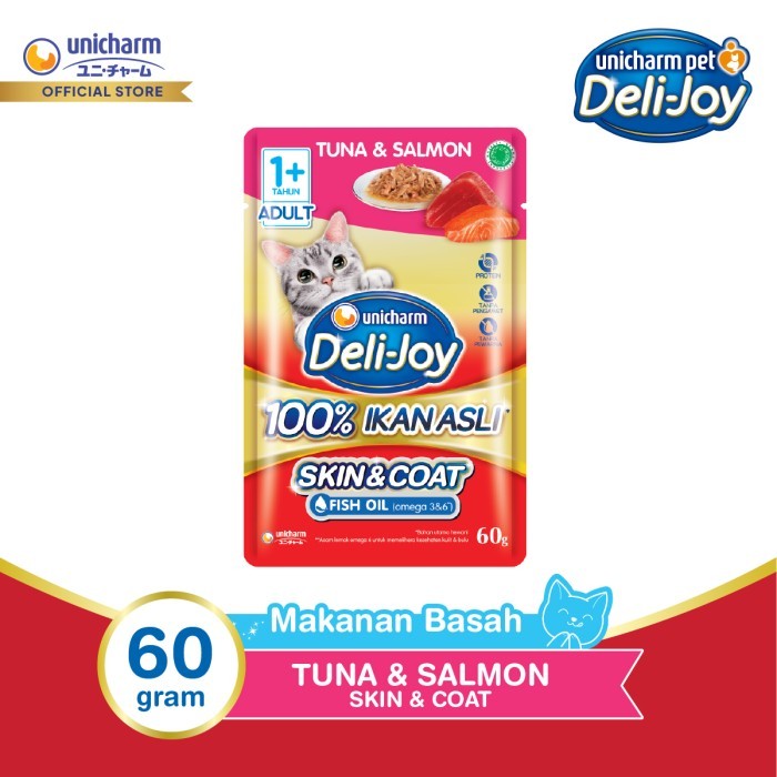 Deli-Joy Makanan Kucing Basah Pouch Adult Tuna & Salmon 60g - Skin & Coat (Fish Oil)