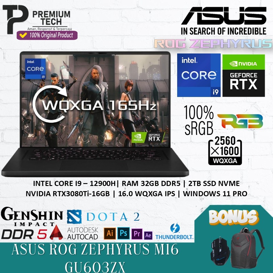 Asus ROG Zephyrus M16 GU603ZX Intel i9 12900H 48GB DDR5 2TB SSD RTX3080ti 16GB WQXGA IPS 165HZ RGB
