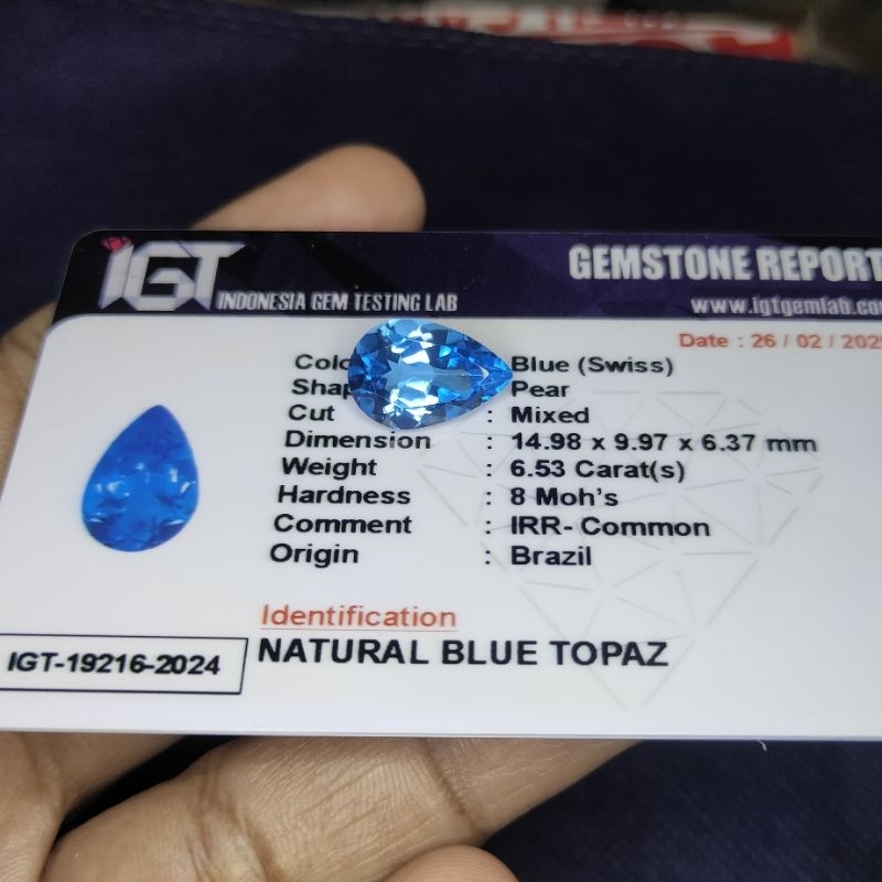 NATURAL SWISS BLUE ELEKTRIK TOPAZ MEMO IGT 19216