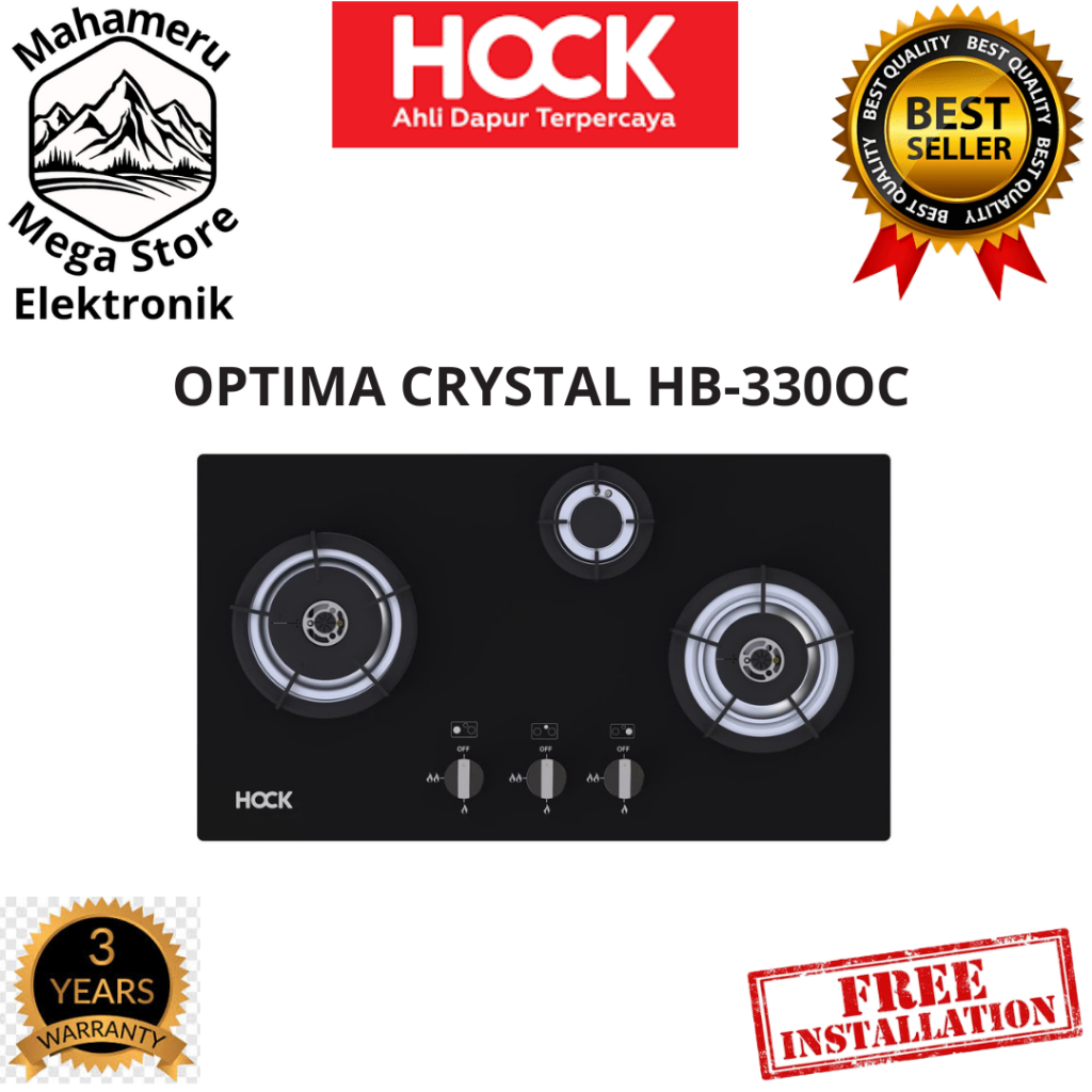 Kompor Gas Tanam Built-in-Hob 3 Tungku Hock Optima Crystal HB-330OC
