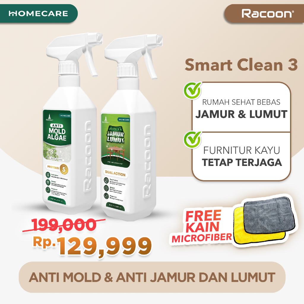 RACOON Smart Clean 3 Bundle | Spray Anti Mold 600ML + Spray Anti Jamur & Lumut +  KAIN MICROFIBER