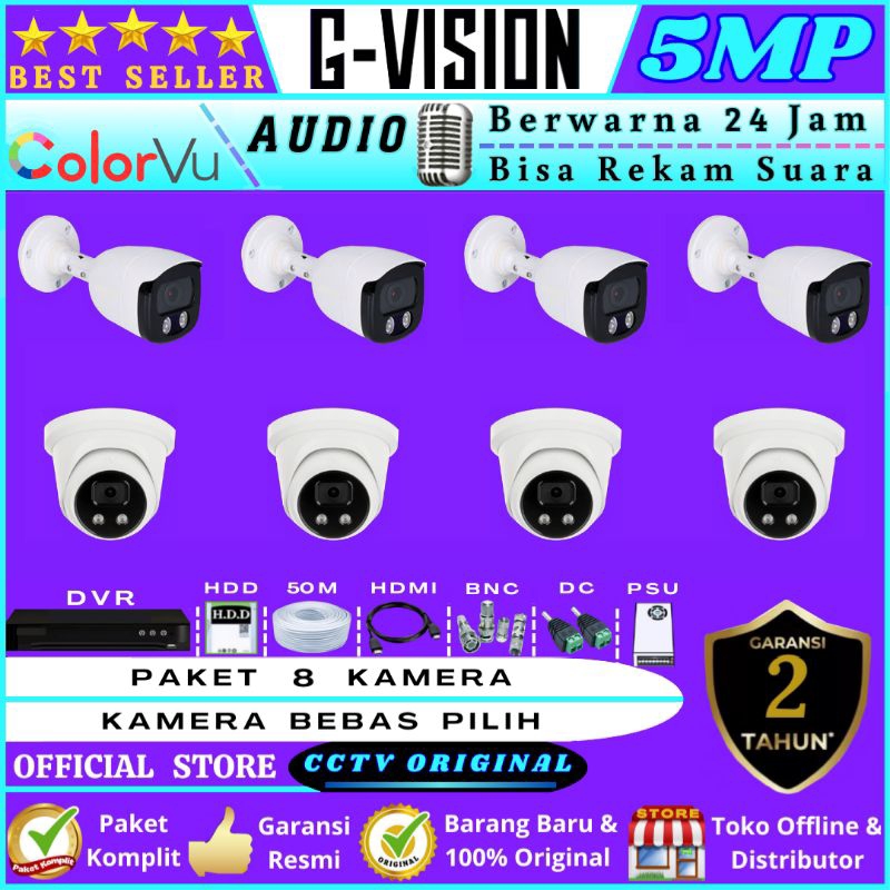 PAKET  CCTV  5MP  COLORVU  AUDIO  8  CAMERA  LENGKAP