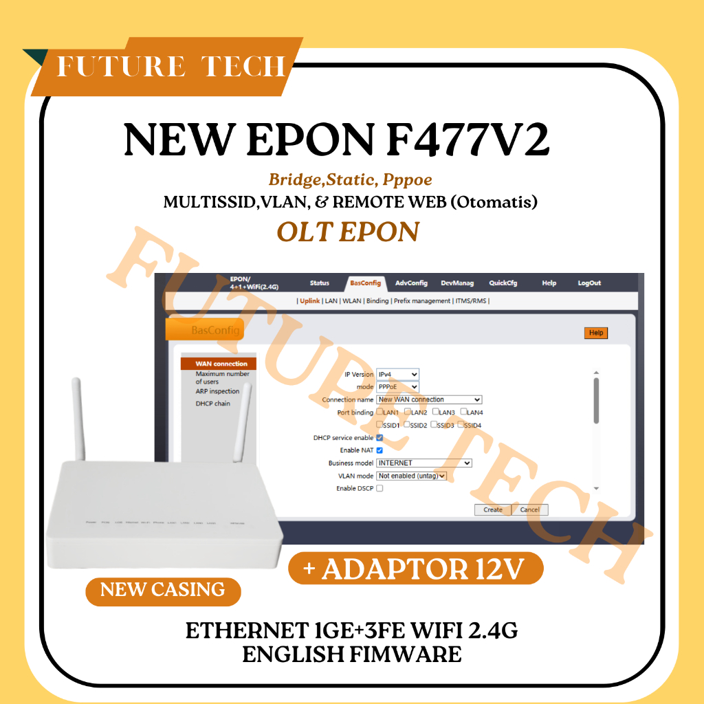 NEW ONU EPON F477V2 DENGAN ADAPTOR