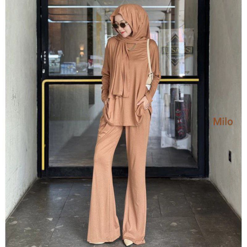 Dira one set setelan wanita baju daily bahan jersey premium tebal Blouse celana cutbray set pashmina