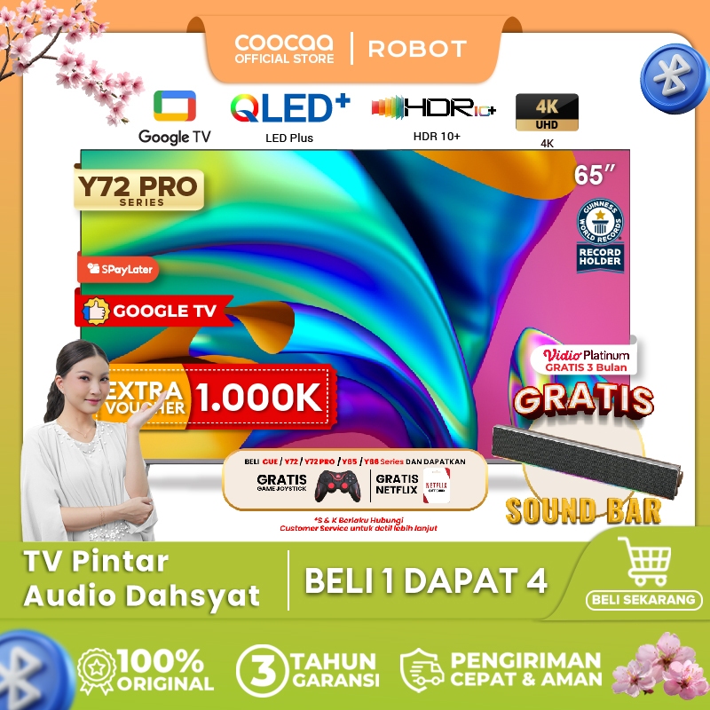 COOCAA TV 65 inch Y72 PRO - 4K QLED+ - Google TV -  Google Assistant - Dolby Audio Atmos - Low Blue 