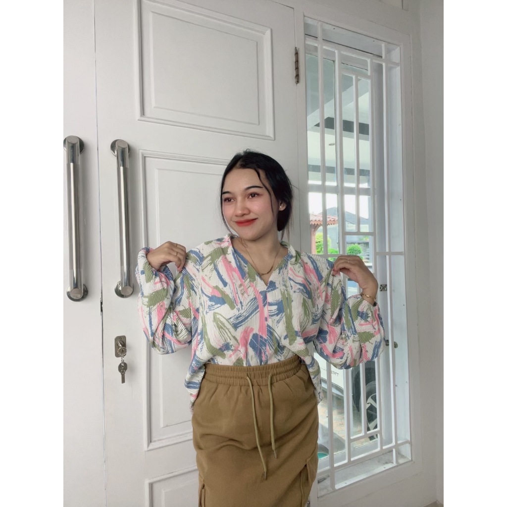 MY TOP beauty in simplicity Baju Atasan Wanita Motif Corak Bahan Plisket Premium Bangkok