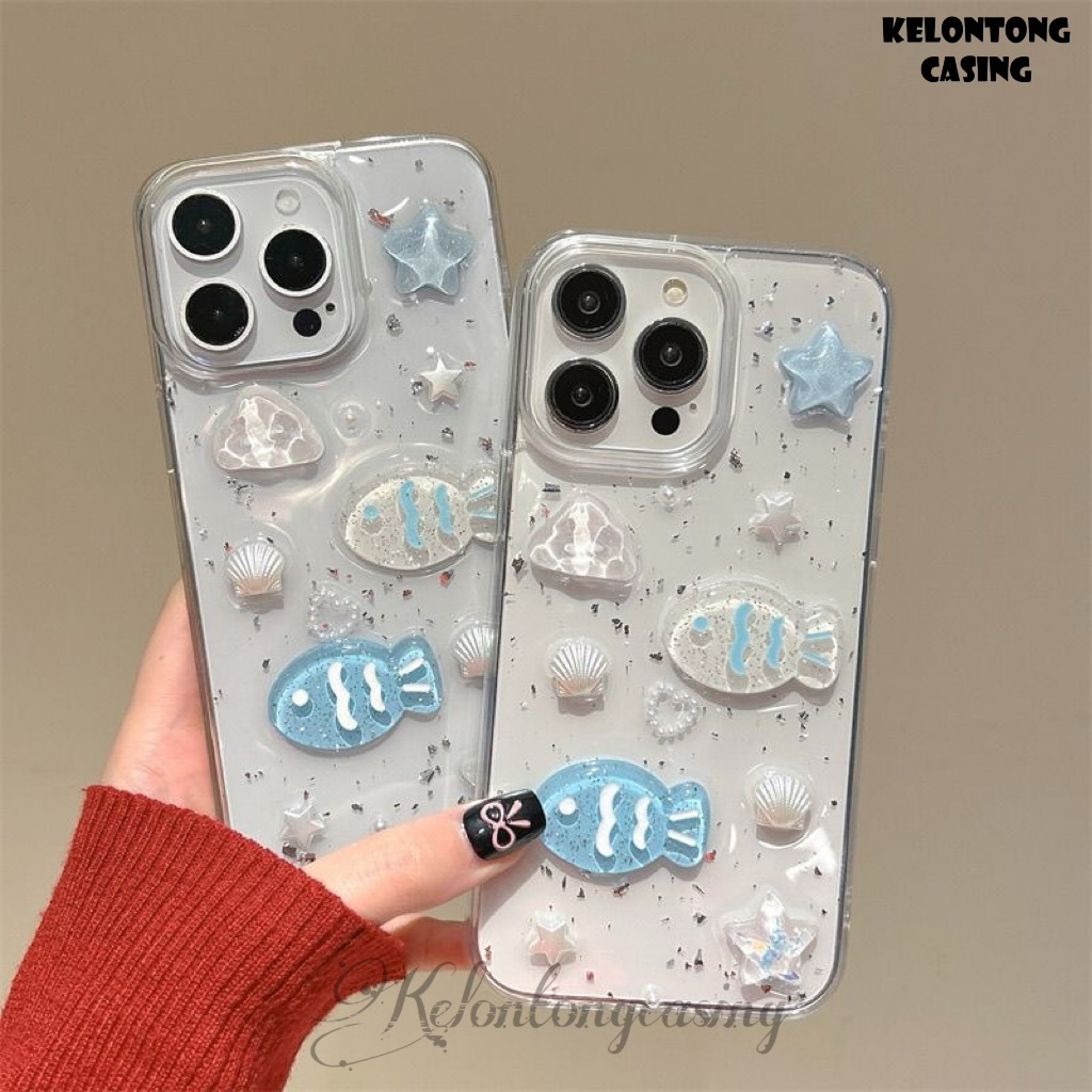 New Case Glitter Fish Blue 3D Timbul For Iphone 11 12 13 14 15 16 + PLUS 17 PRO MAX