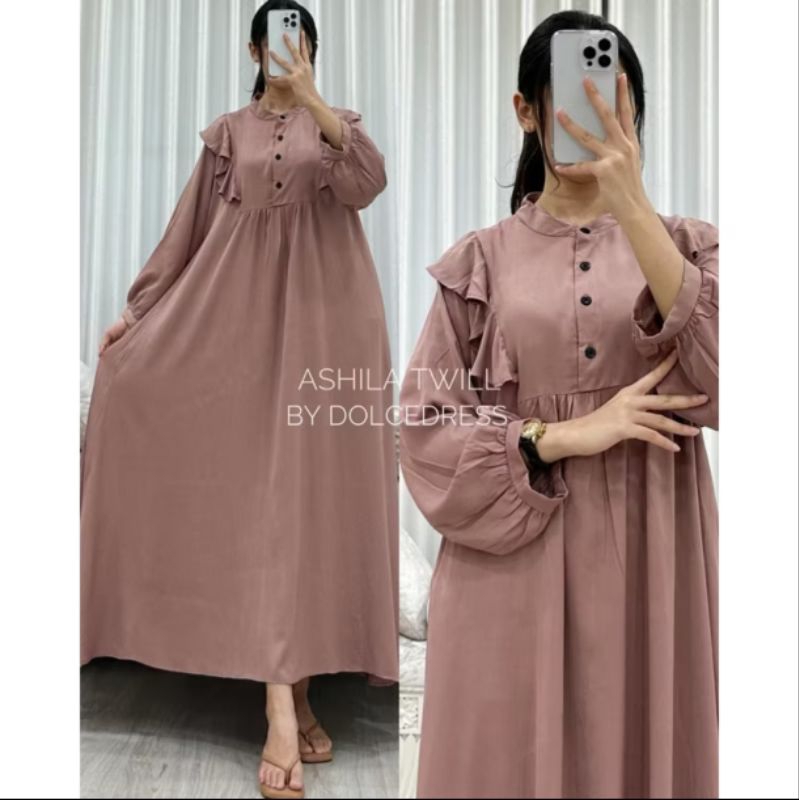 ReenaDaily ASHILA TWILL by DOLCE Gamis Midi Dress Bahan Rayon Twill Polos Nyaman Adem Busui Friendly