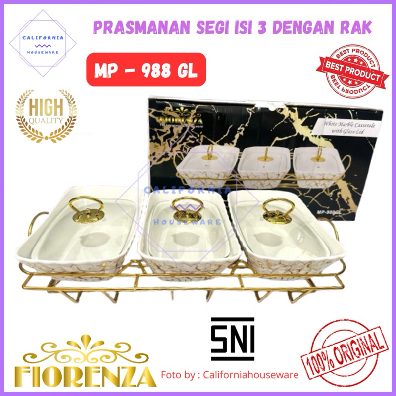 Prasmanan Set Segi Isi 3 + Tutup + Rak MP 988 GL / Prasmanan Keramik FIORENZA / FIORENZA Prasmanan
