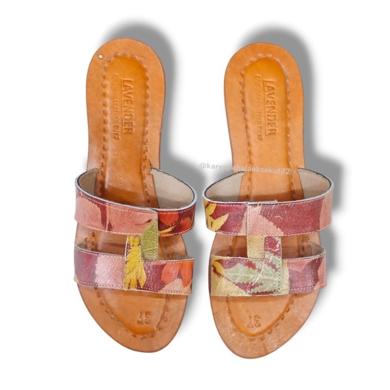 Sandal flat wanita, Sandal flat wanita motif ecoprint, Sandal wanita kulit asli, karya pahala mageta