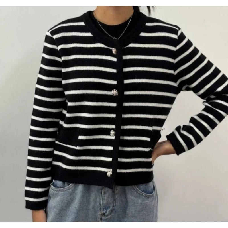MF LALISA CARDYGAN SWEATER RAJUT WANITA STRIPE KNIT KANCING / Cardigan Stripe Wanita Bahan Rajut Kan