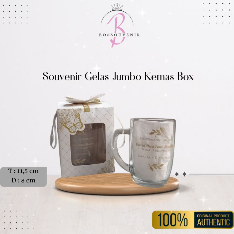 Souvenir Gelas Jumbo – Sablon Nama Acara, Kemasan Box Elegan